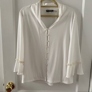 Karl lagerfeld ivory pearl button down cowl neck blouse size L